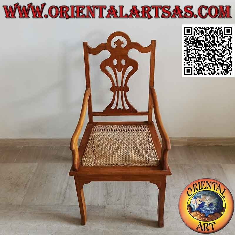 Poltrona in stile "Vittoriano" in legno di teak e seduta in paglia di Vienna