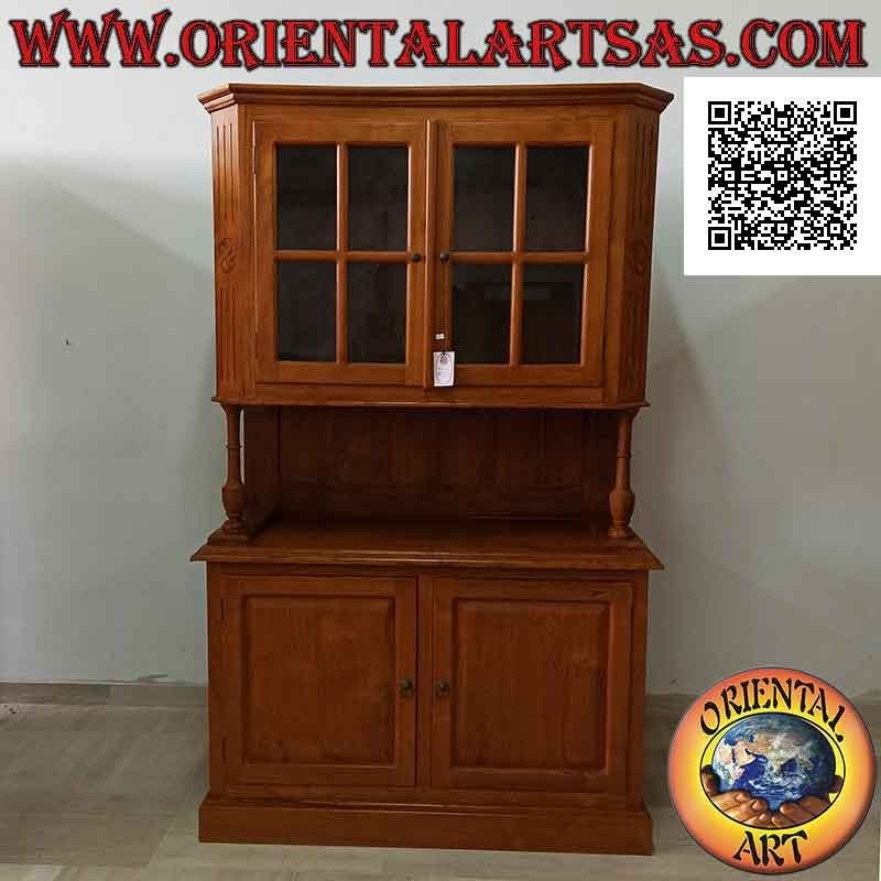 High sideboard with 2 glass doors and 2 closed doors in solid teak wood