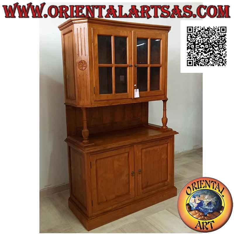 Buffet haut avec 2 portes vitrées et 2 portes fermées en bois de teck massif