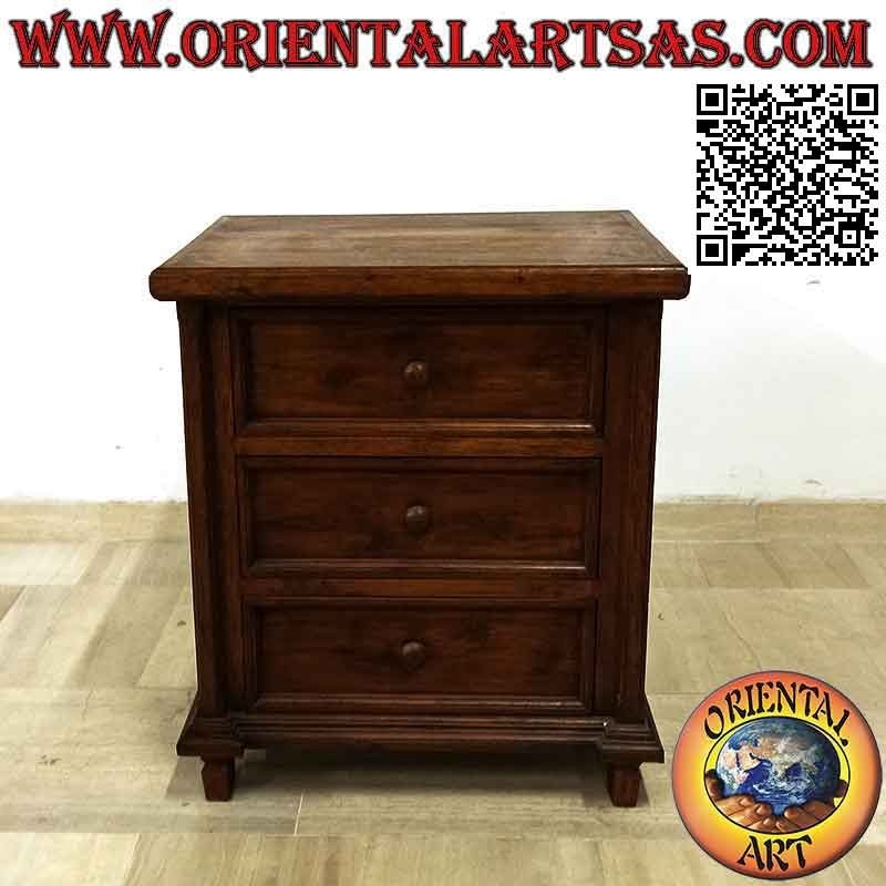 Table de chevet avec trois tiroirs rétractables et pieds carrés bas en bois de teck