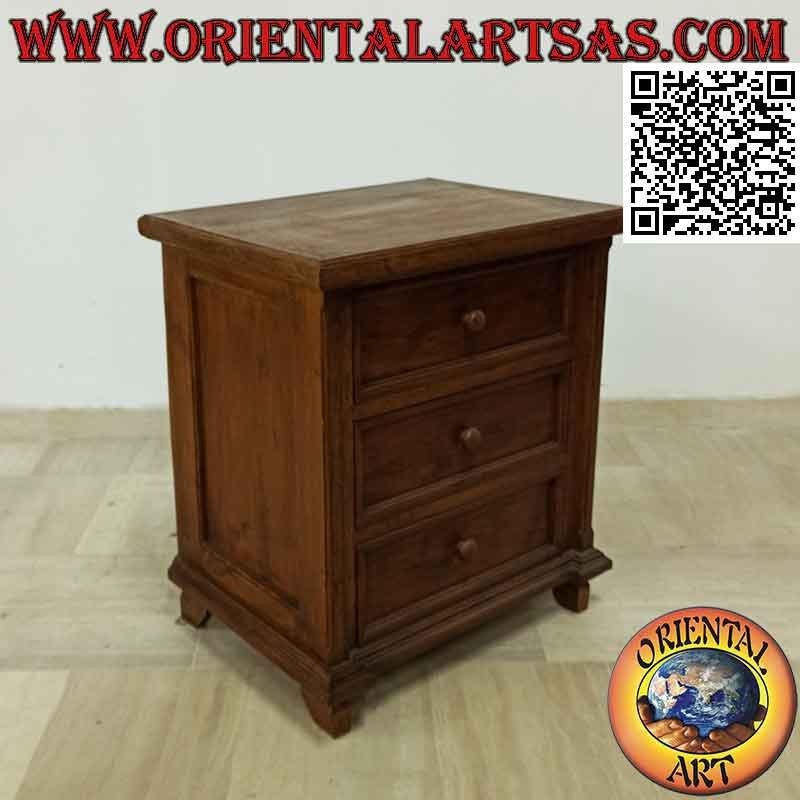Bedside table with three retractable drawers and low square feet in teak wood