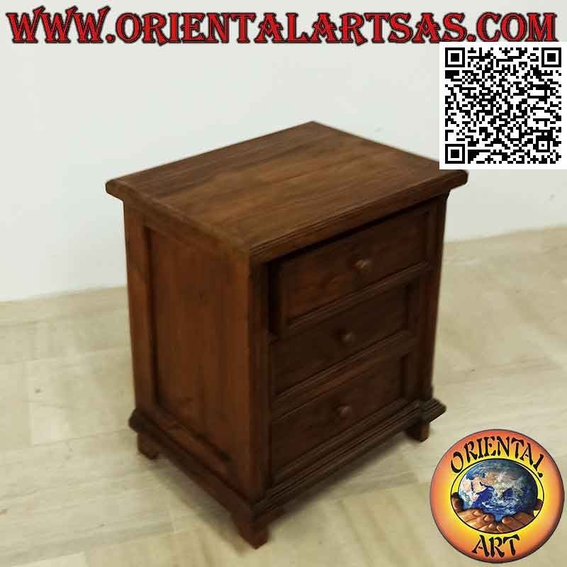 Mesita de noche con tres cajones retráctiles y pies cuadrados bajos en madera de teca
