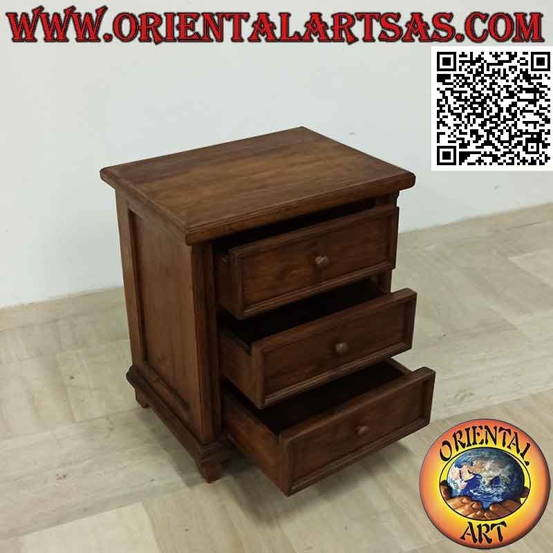 Bedside table with three retractable drawers and low square feet in teak wood