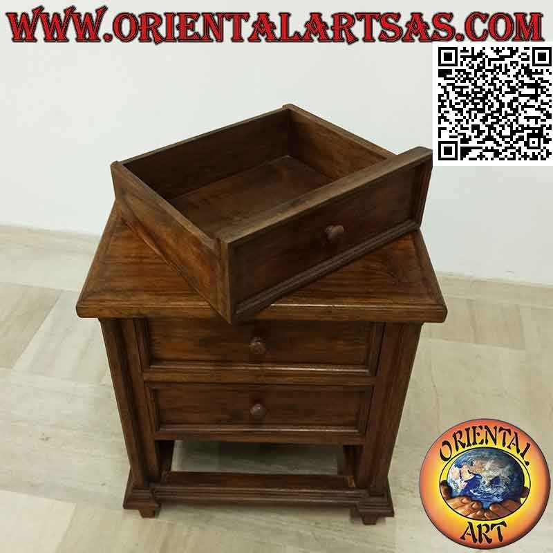 Table de chevet avec trois tiroirs rétractables et pieds carrés bas en bois de teck
