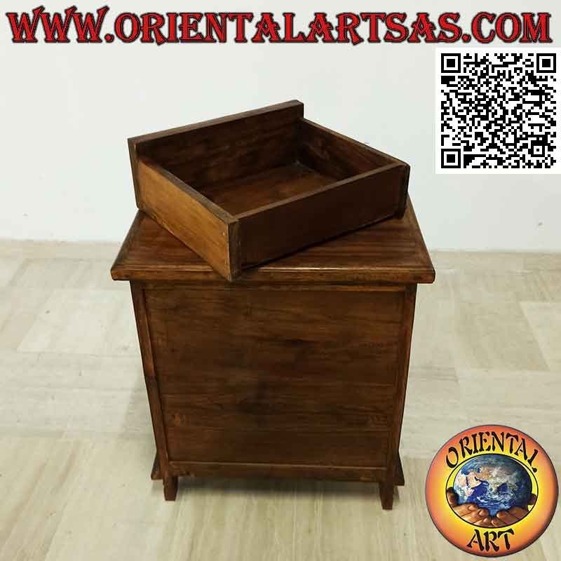 Bedside table with three retractable drawers and low square feet in teak wood
