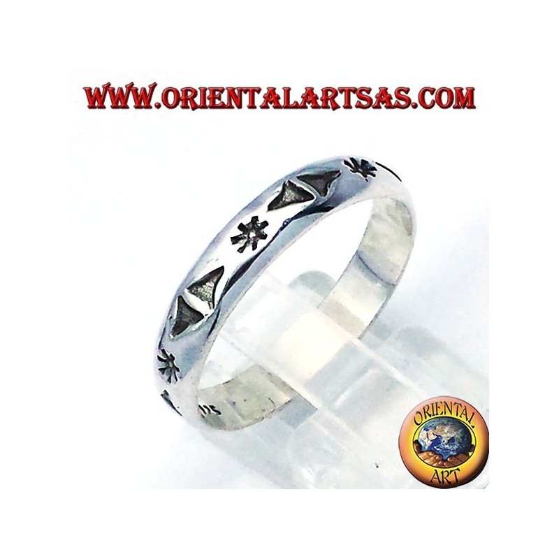 silver ring, carved star and triangles