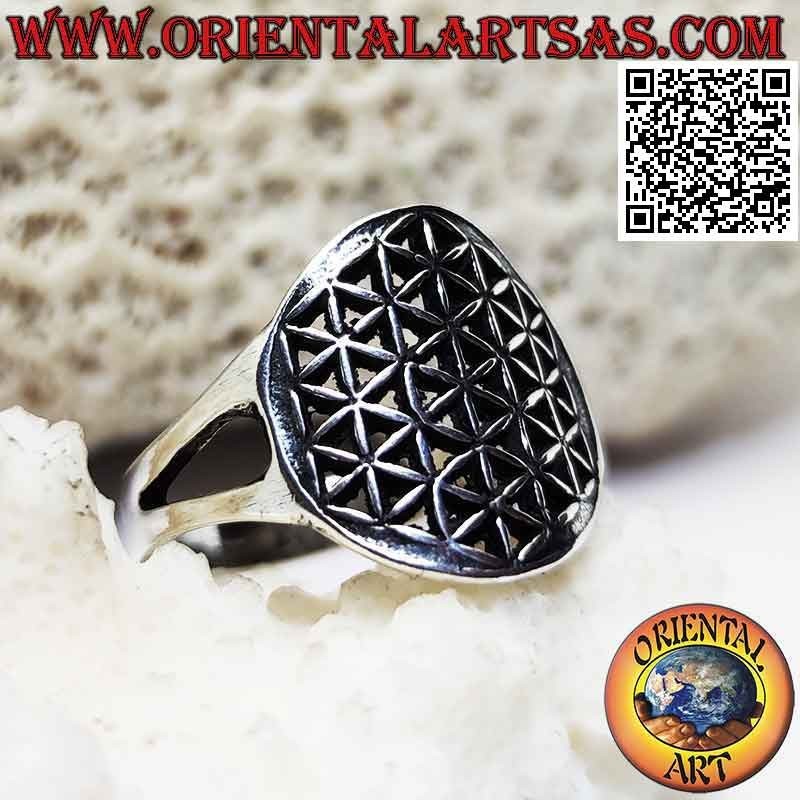Smooth silver ring with openwork flower of life attached to two
