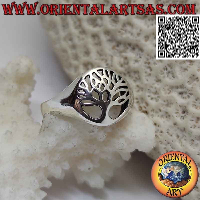 Anello in argento liscio con albero della vita semplice nel cerchio traforato