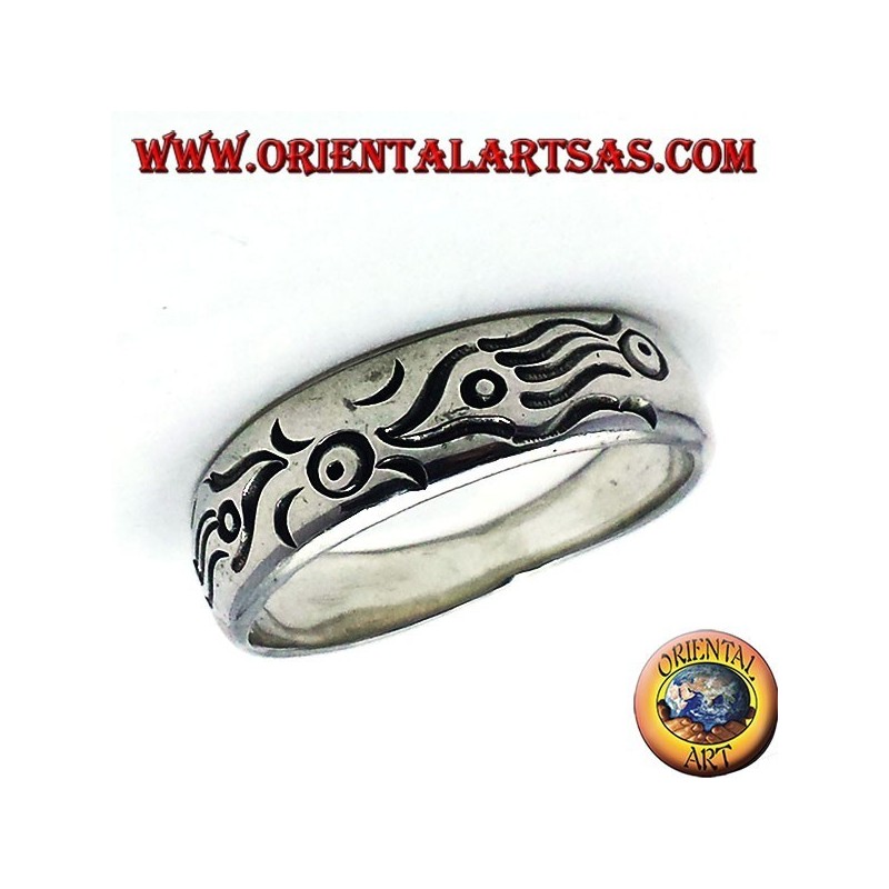 Bague en argent sculpté fin, les poissons Maori