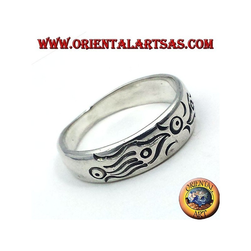 Bague en argent sculpté fin, les poissons Maori