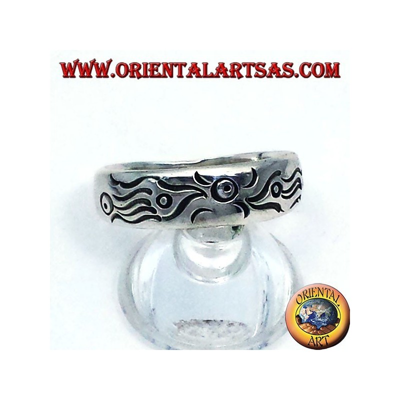Ring in silver carved end, Maori fish