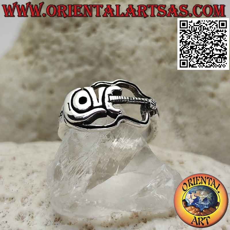 Silver ring in the shape of an electric guitar with "Love" writing