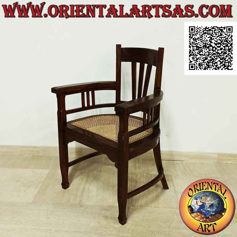 Fauteuil traditionnel indonésien à haut dossier en bois de teck et assise en paille de Vienne (triple sangle)