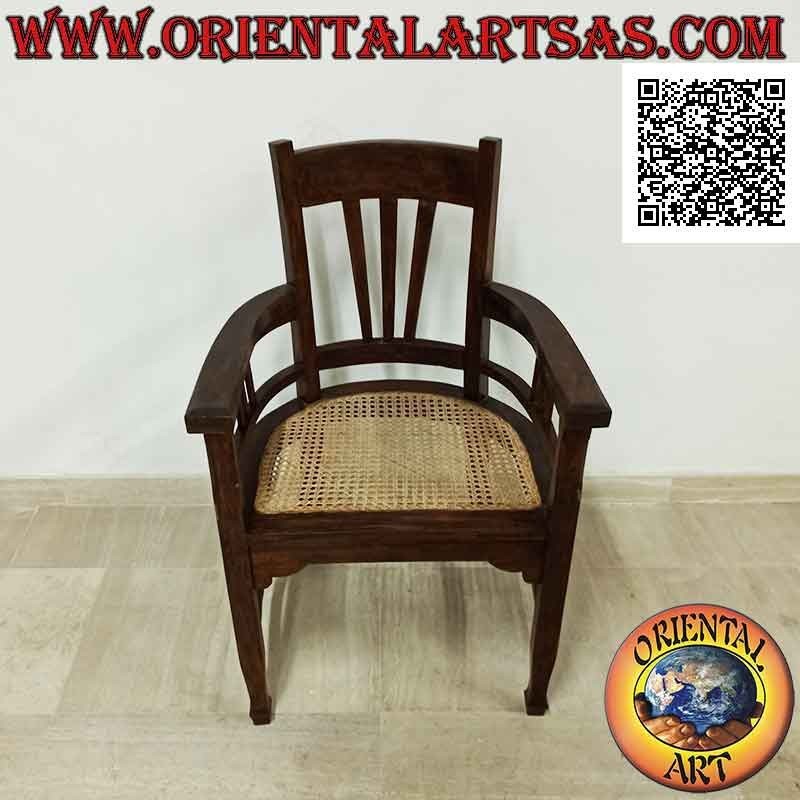 Sillón tradicional indonesio de respaldo alto en madera de teca y asiento de paja de Viena (triple correa)