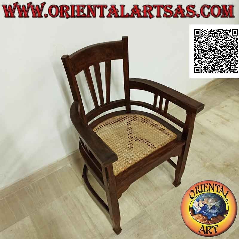 Poltrona tradizionale indonesiana a schienale alto in legno di teak e seduta in paglia di vienna (tripla fascetta)