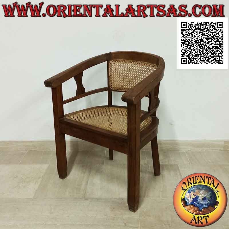 Fauteuil rond en bois de teck avec assise et dossier en paille de Vienne (sangle simple)