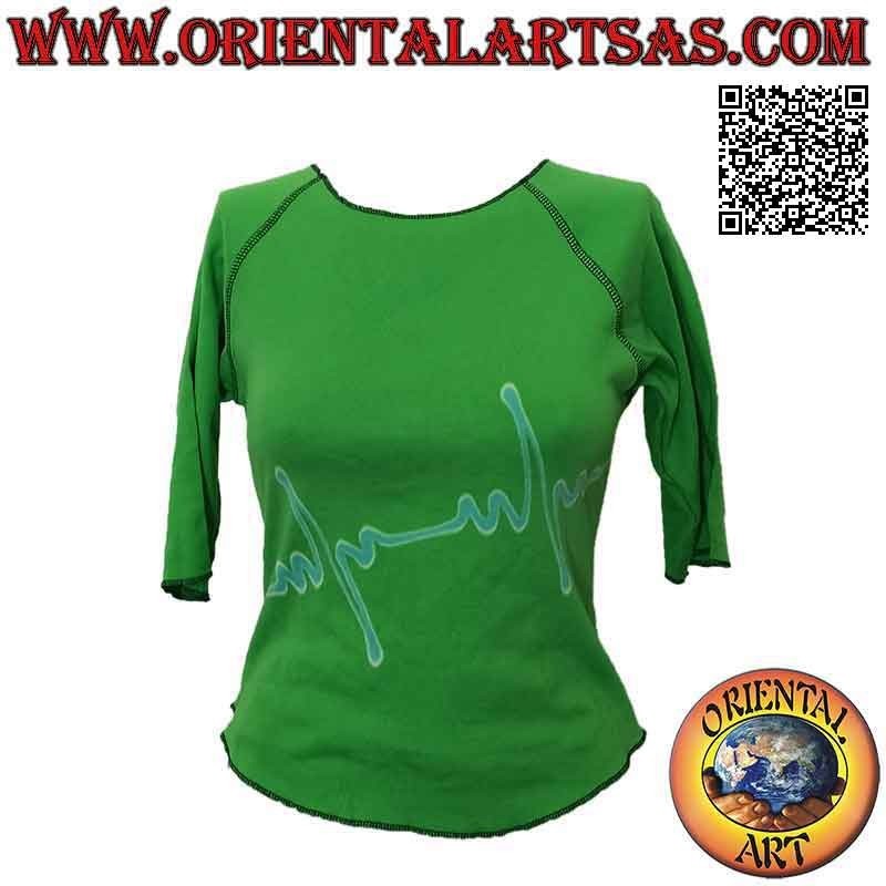 Maglia free size con collo a taglio vivo, maniche corte e fantasia (verde)