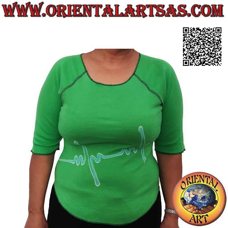 Pull taille libre avec col coupé brut, manches courtes et motif (vert)