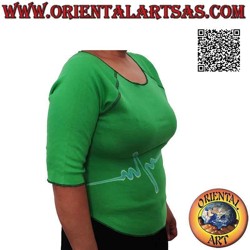 Free size sweater with raw cut collar, short sleeves and pattern (green)