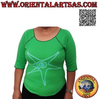 Maglia free size con collo a taglio vivo, maniche corte e fantasia (verde)