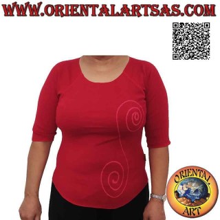 Freier Pullover mit rohem Kragen, kurzen Ärmeln und Muster (rot)