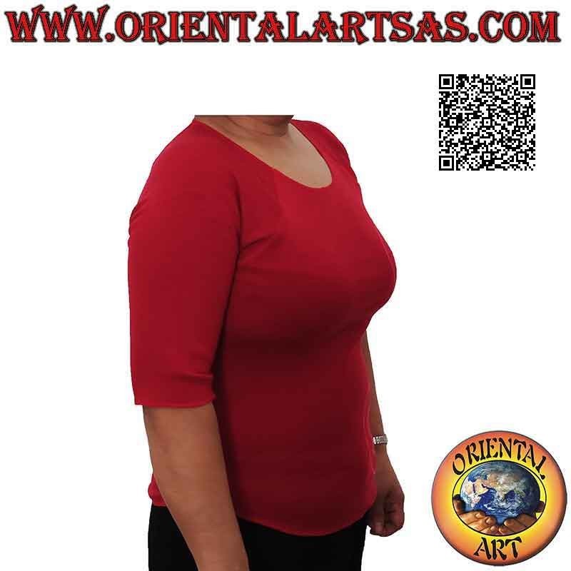 Free size sweater with raw cut collar, short sleeves and pattern (red)