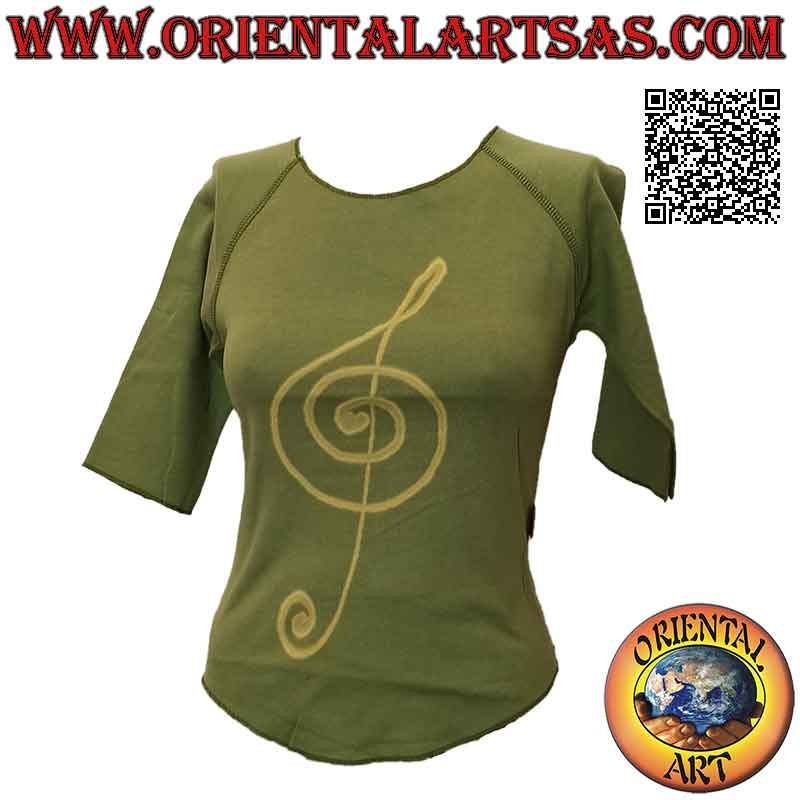 Maglia free size con collo a taglio vivo, maniche corte e fantasia (verde oliva)