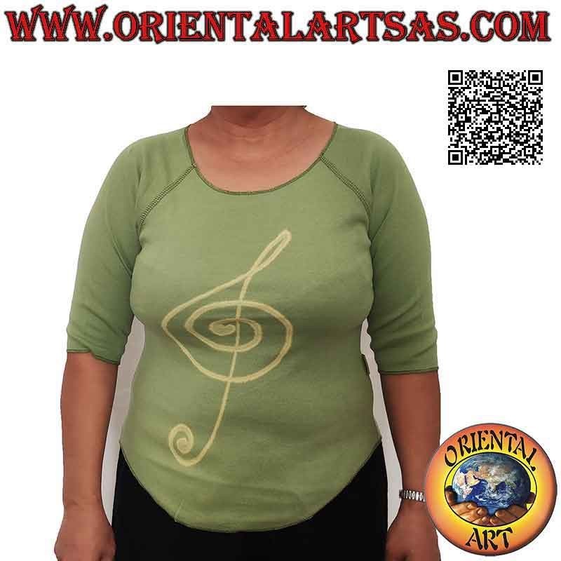 Pull taille libre avec col coupé brut, manches courtes et motif (vert olive)