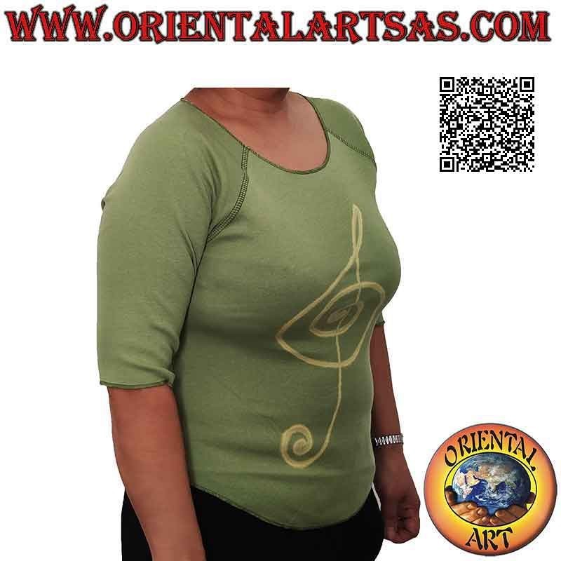 Maglia free size con collo a taglio vivo, maniche corte e fantasia (verde oliva)