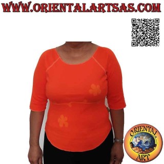 Free size sweater with raw cut collar, short sleeves and pattern (orange)