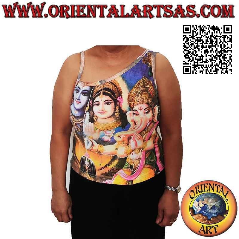 One-shoulder tank top with representations of Hindu deities in cotton