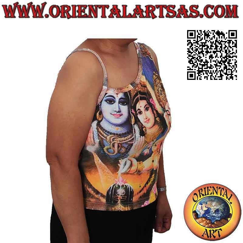 One-shoulder tank top with representations of Hindu deities in cotton