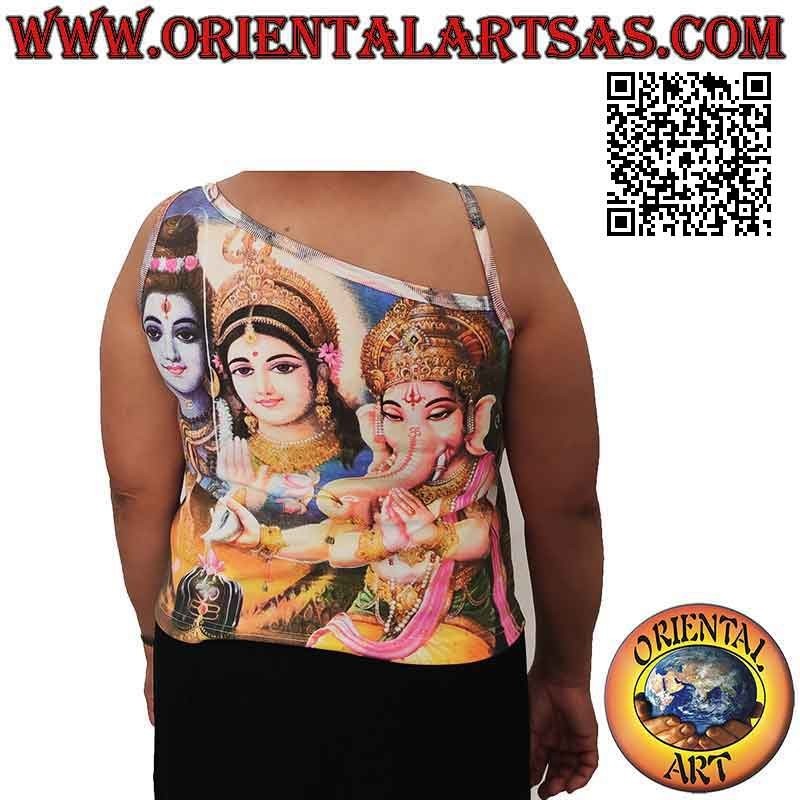 Camiseta sin mangas de un solo hombro con representaciones de deidades hindúes en algodón