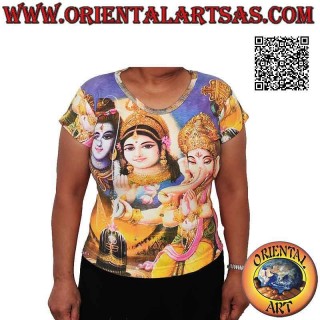 Kurzärmliges T-Shirt mit Darstellungen hinduistischer Gottheiten aus Baumwolle