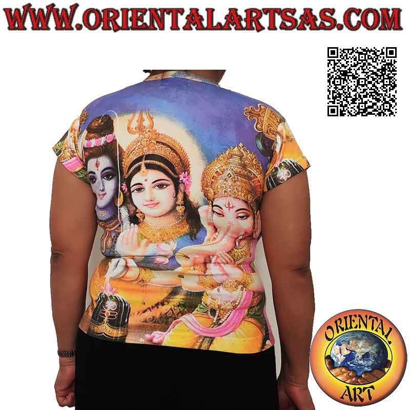 Camiseta de manga corta con representaciones de deidades hindúes en algodón