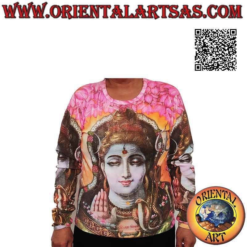 Long-sleeved T-shirt with representations of Hindu deities in cotton