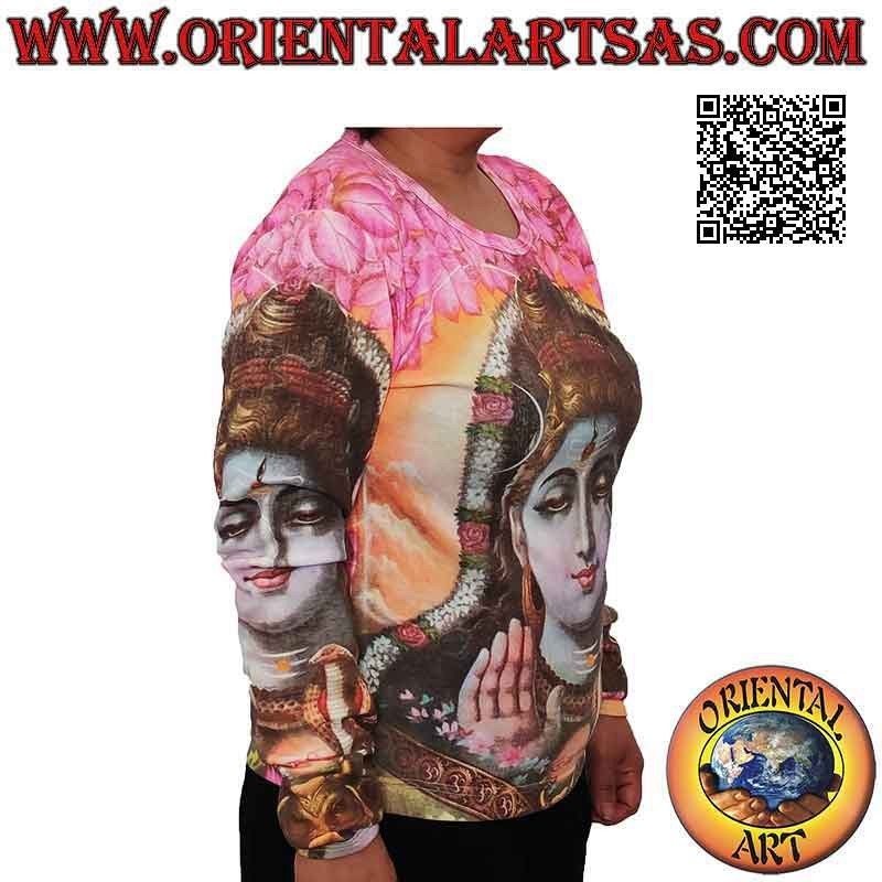 Long-sleeved T-shirt with representations of Hindu deities in cotton