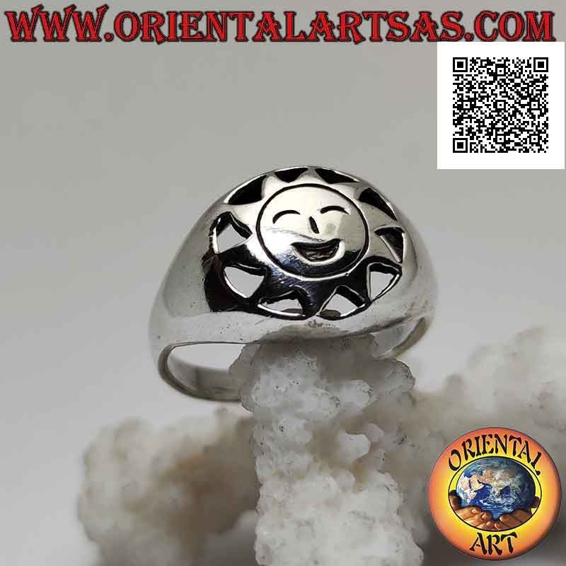 Silver ring, shaped sun with smiling face engraved in the perforated circle