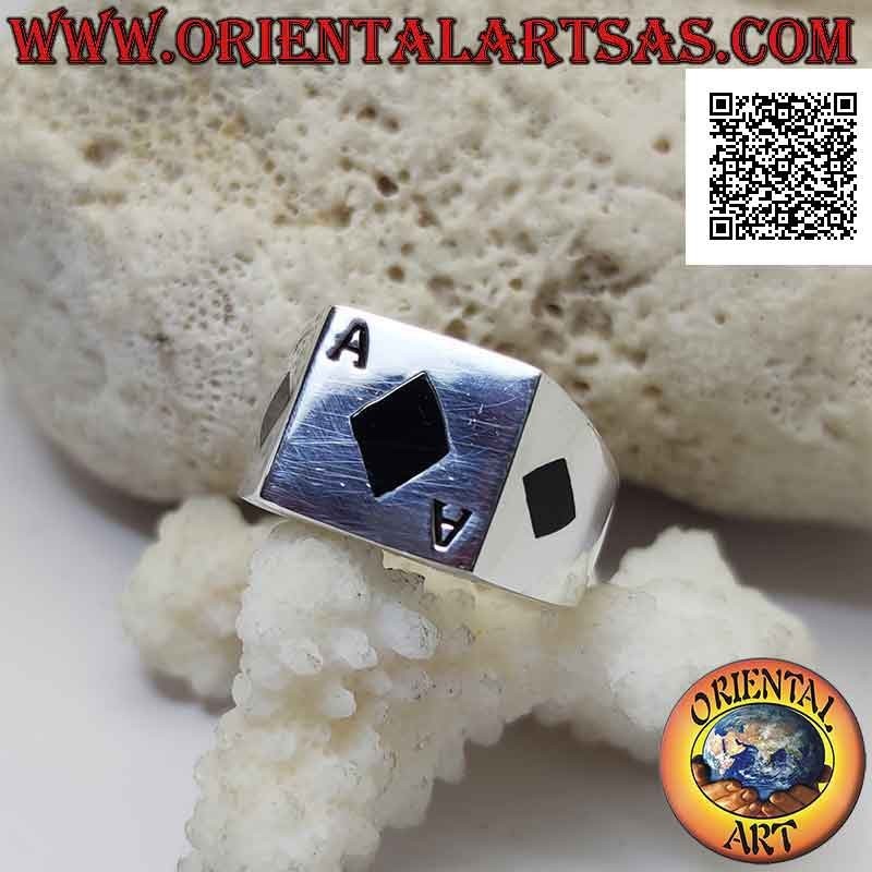 Glatter quadratischer Silberring mit Onyx-Ass aus Diamanten, bündig mit der Mittelkante und an den Seiten