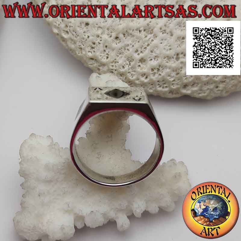 Glatter quadratischer Silberring mit Onyx-Ass aus Diamanten, bündig mit der Mittelkante und an den Seiten