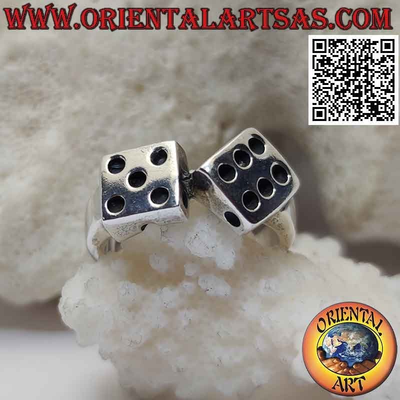 Silver ring in the shape of a pair of dice with engraved dots