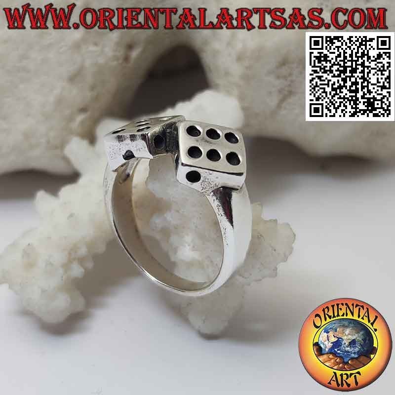 Silver ring in the shape of a pair of dice with engraved dots