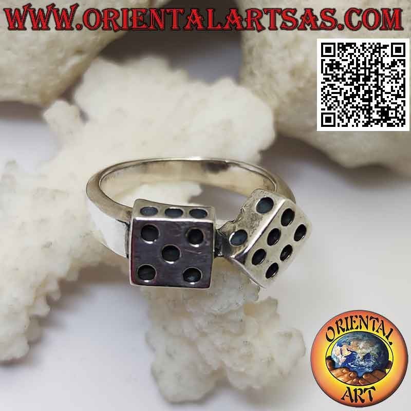 Silver ring in the shape of a pair of dice with engraved dots
