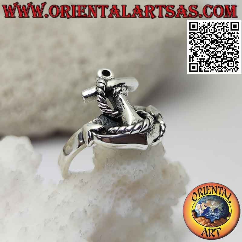 Anello in argento a forma di àncora e corda