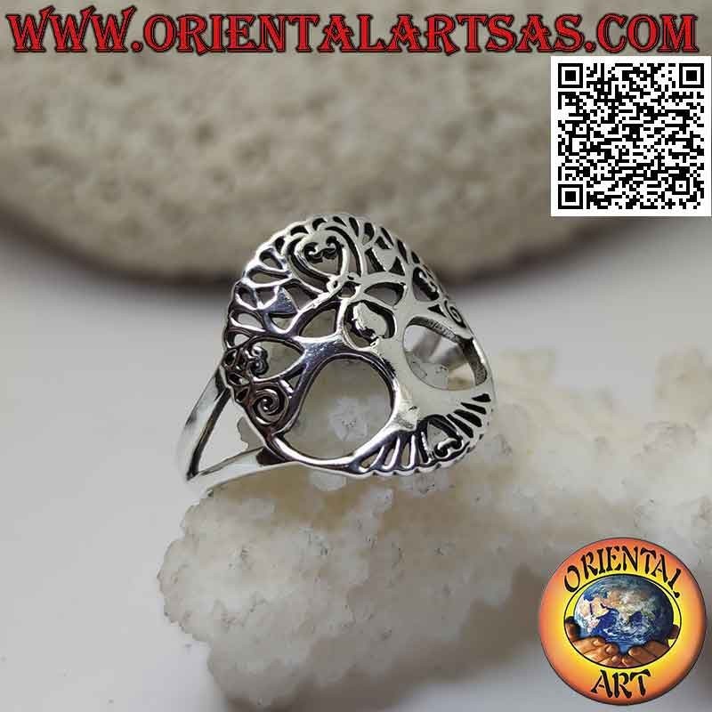 Silver ring with curved openwork Yggdrasil tree of life
