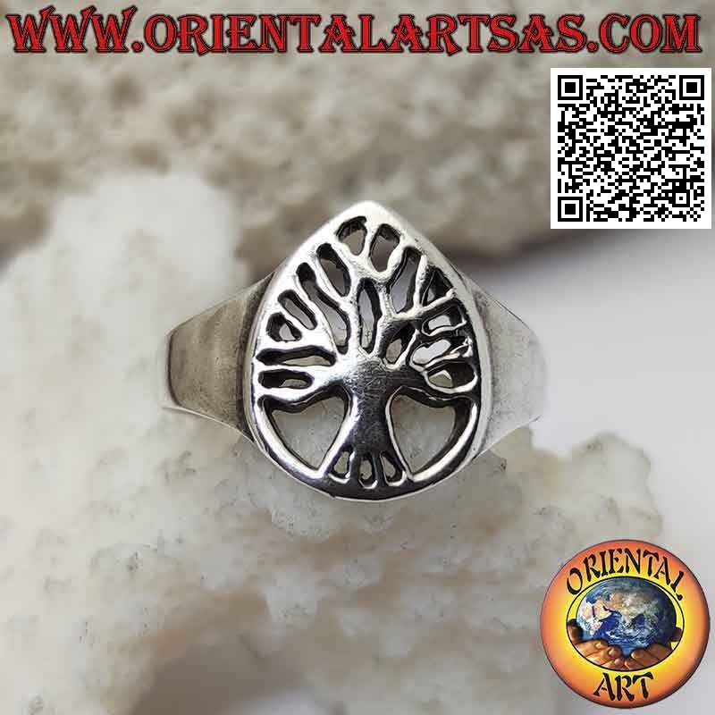 Bague en argent lisse en forme de goutte avec arbre de vie ajouré