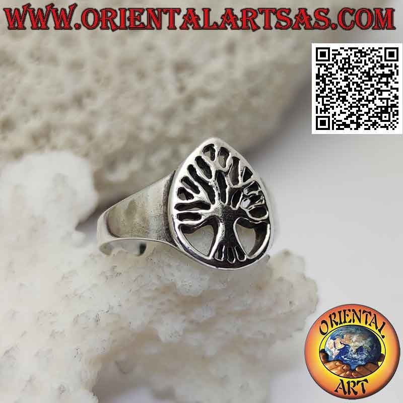 Anello in argento liscio a forma di goccia con albero della vita traforato