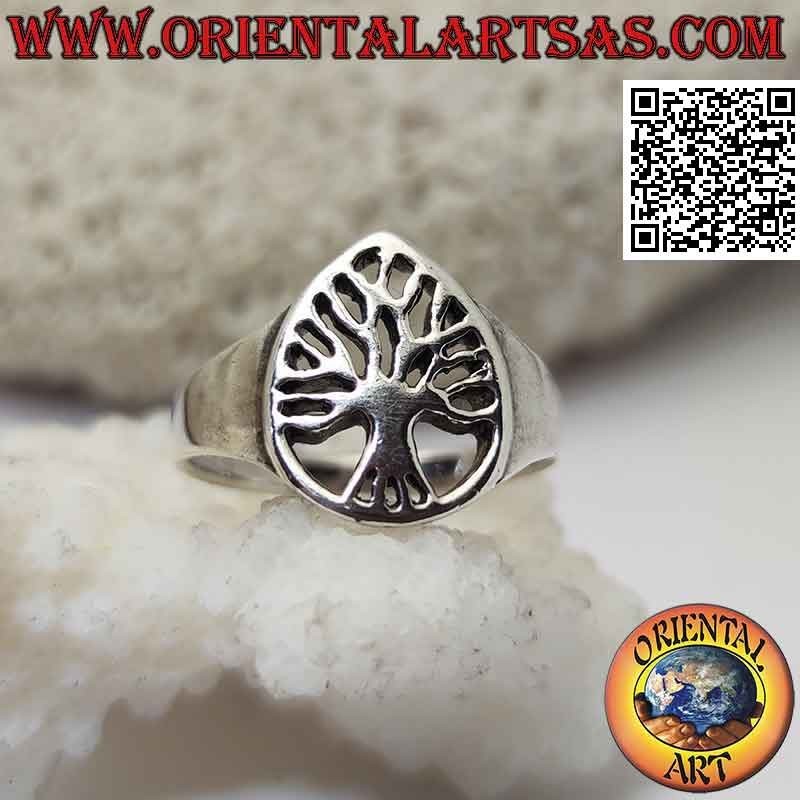 Bague en argent lisse en forme de goutte avec arbre de vie ajouré