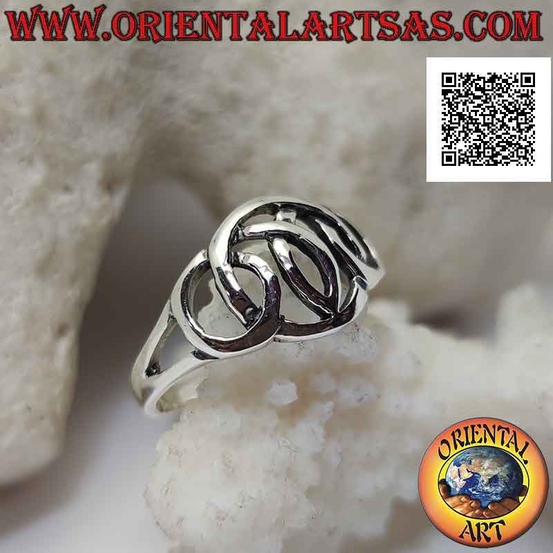 Smooth perforated silver ring with triple intertwined circles and pink bow inside