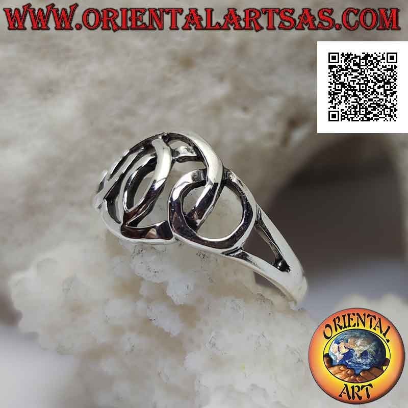 Smooth perforated silver ring with triple intertwined circles and pink bow inside